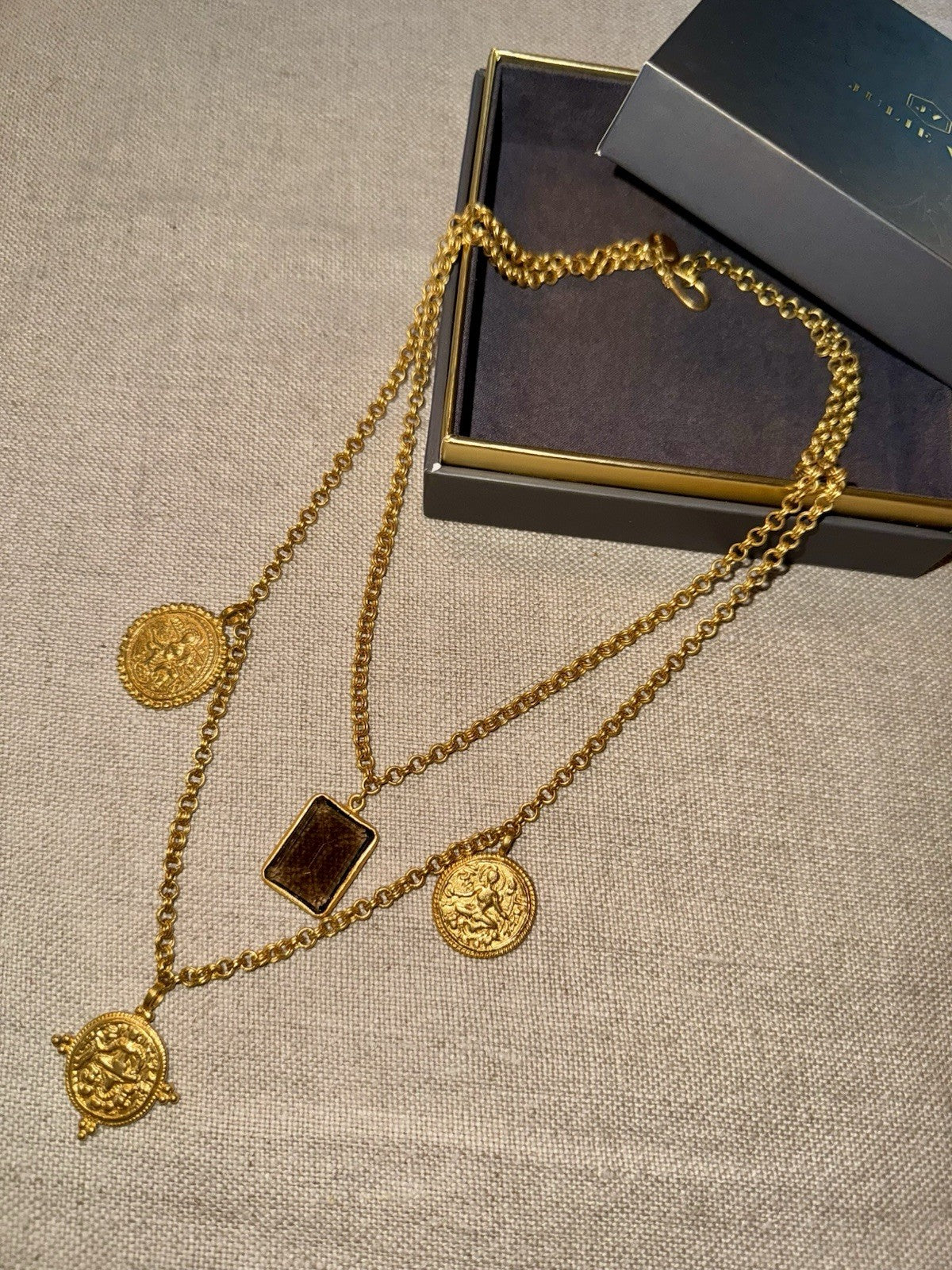 Julie Vos Double Strand Coin Medallion & Smokey Brown 24k Gold Plated Necklace Julie Vos