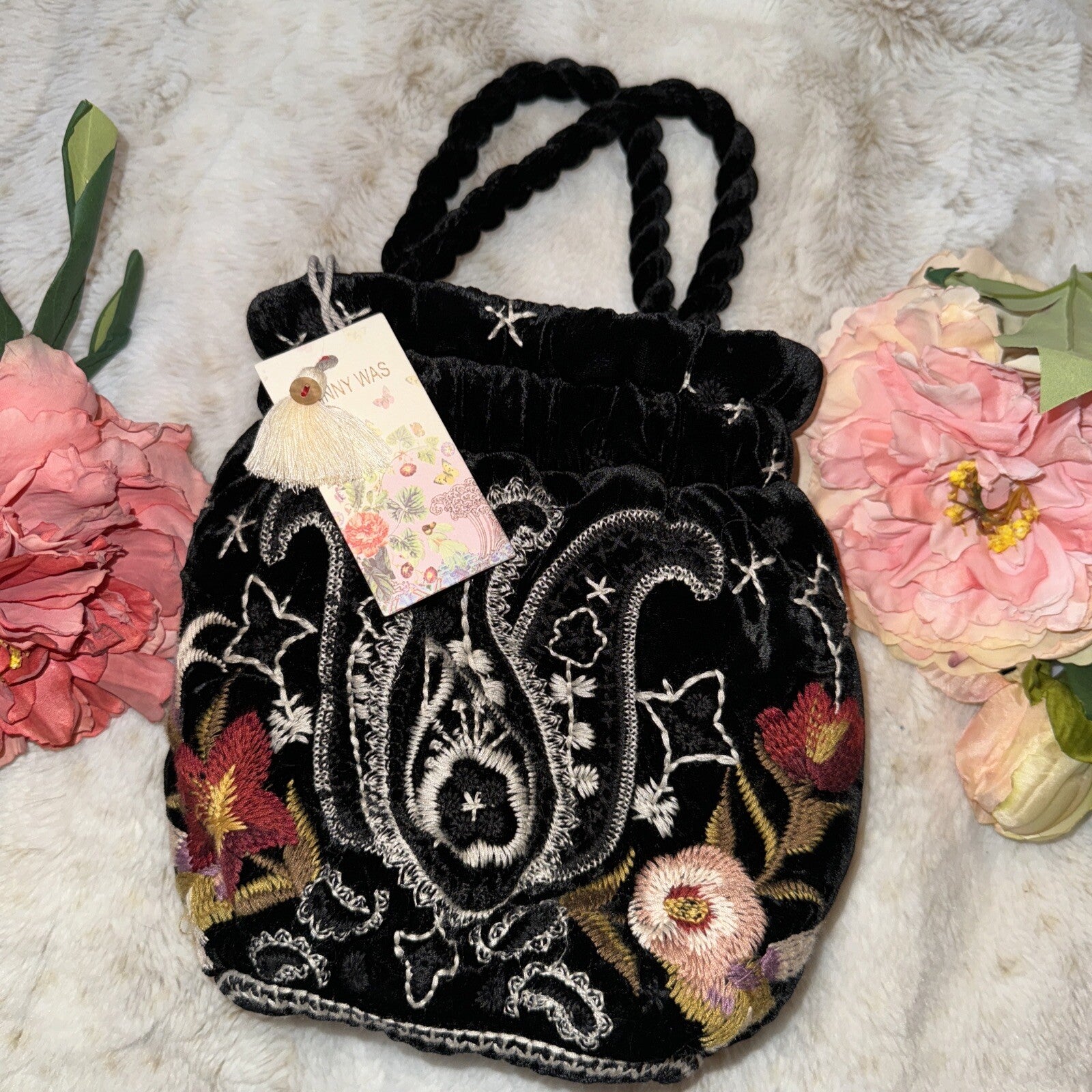 Johnny Was Black Velvet Embroidered Hobo Bag Tote Purse Pink Roses & Paisley Johnny Was