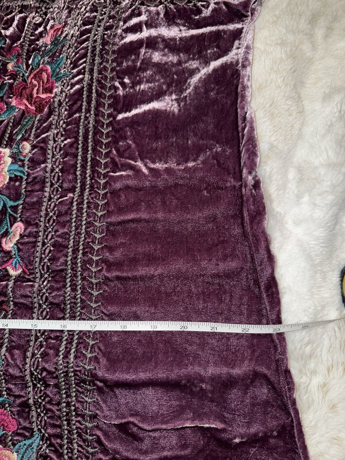 Johnny Was L Large Purple Velvet Embroidered Shift Mini Dress Short Sleeve BOHO Johnny Was