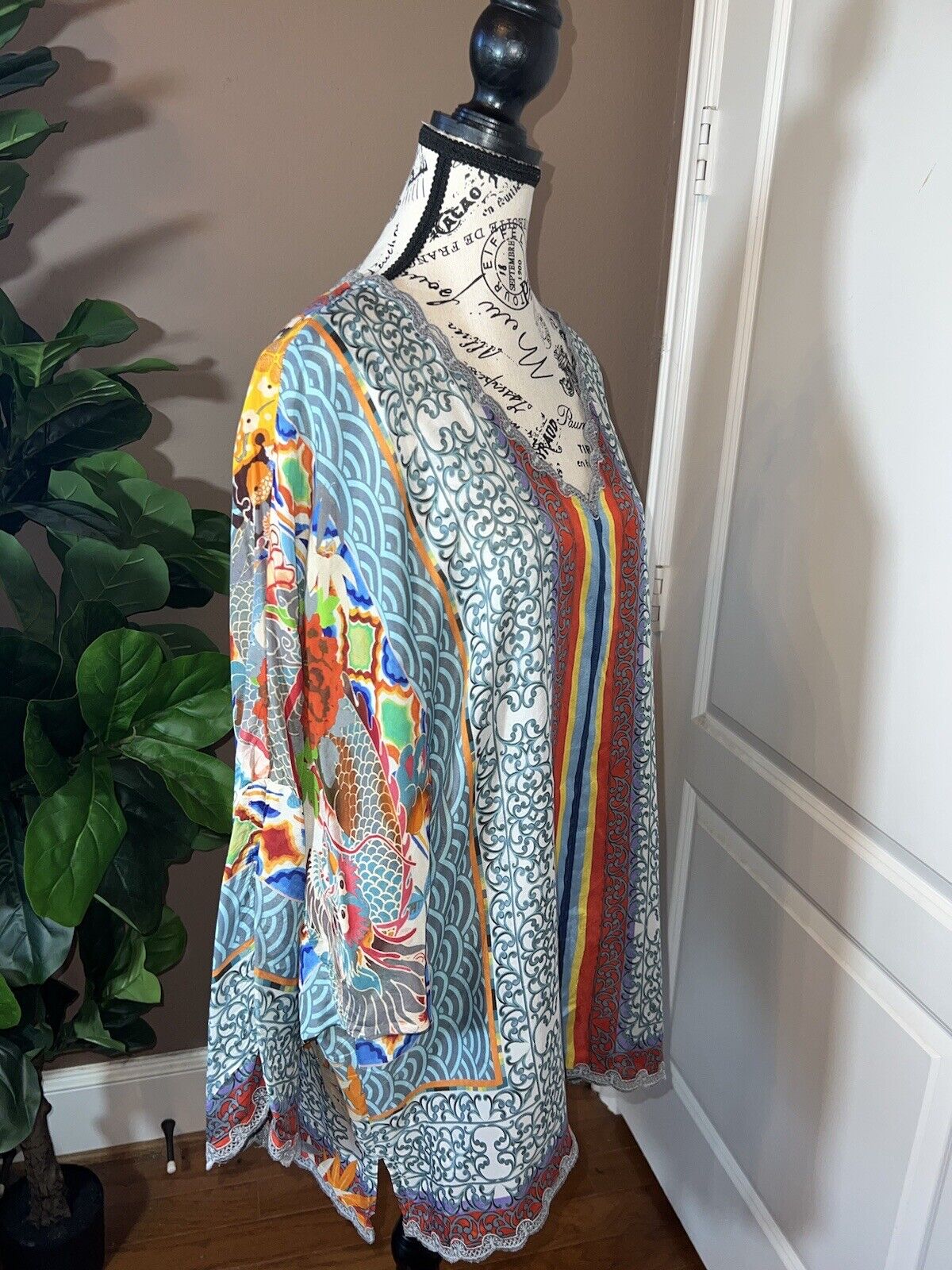 Johnny Was 100% Silk Long Sleeve Tunic Top Dragon Blouse Shirt XL 1XL