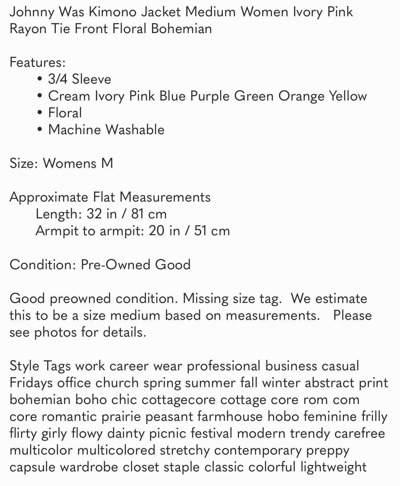 Johnny Was L Silky Kimono Wrap Patchwork Duster Jacket Cool Lightweight BOHO Johnny Was