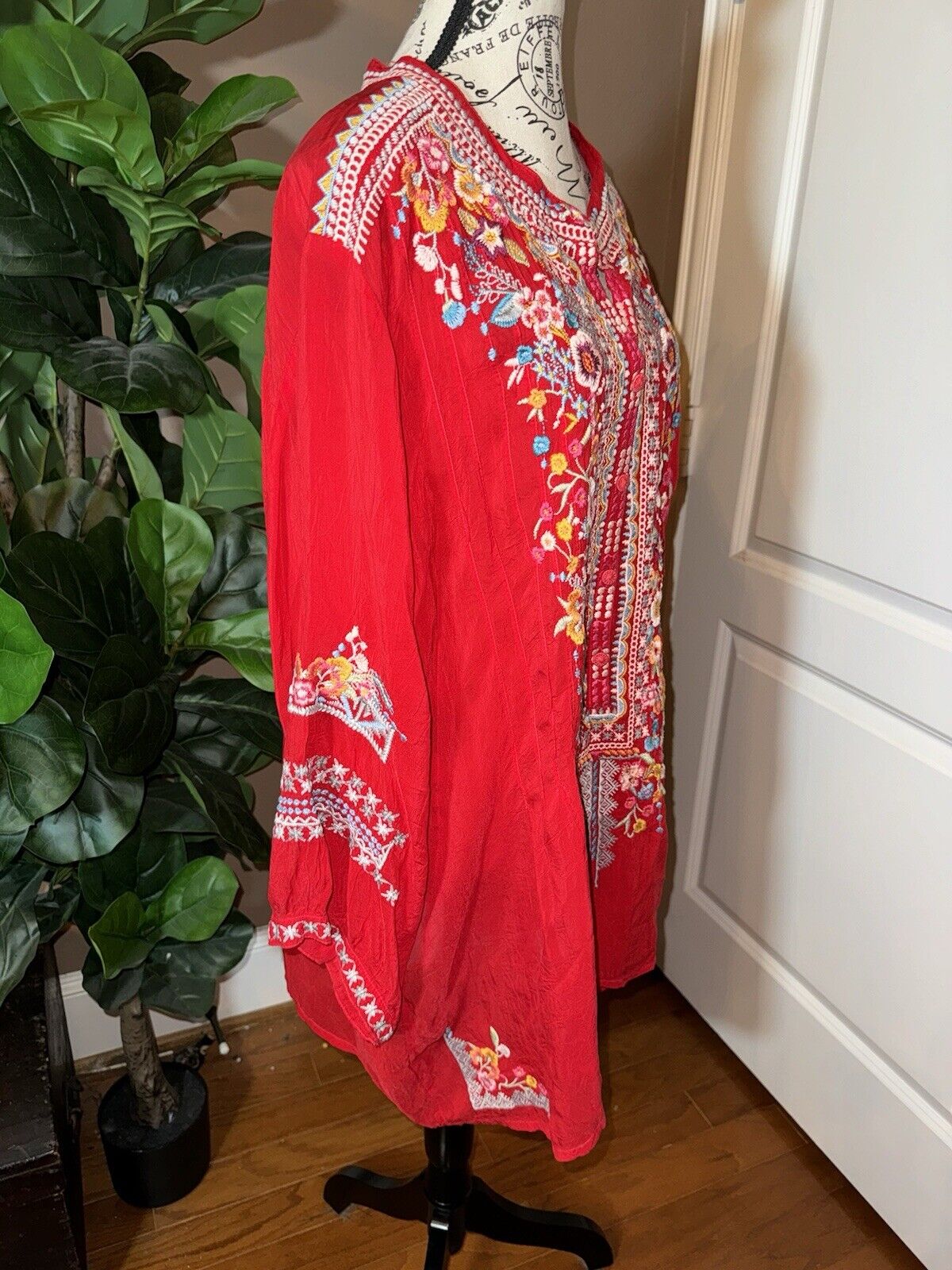 Johnny Was 3x 3XL Tunic Top Red Silky Handkerchief Hem Peasant Blouse