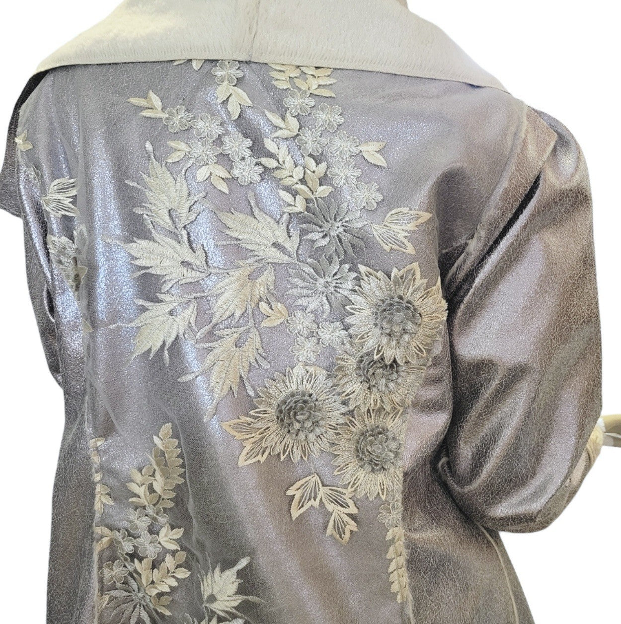 Johnny Was XL Silver Faux Suede & Fur Jacket Coat Applipue & Embroidery Johnny Was