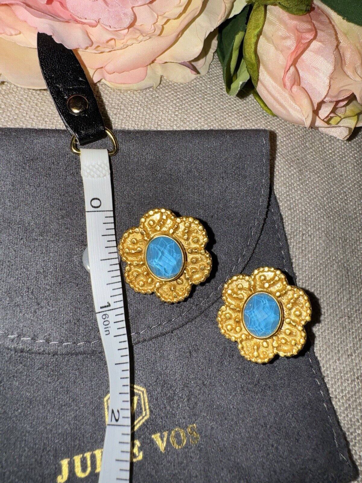 Julie Vos Pacific Blue 24k Gold Plate Flower Clip On Statement Earrings