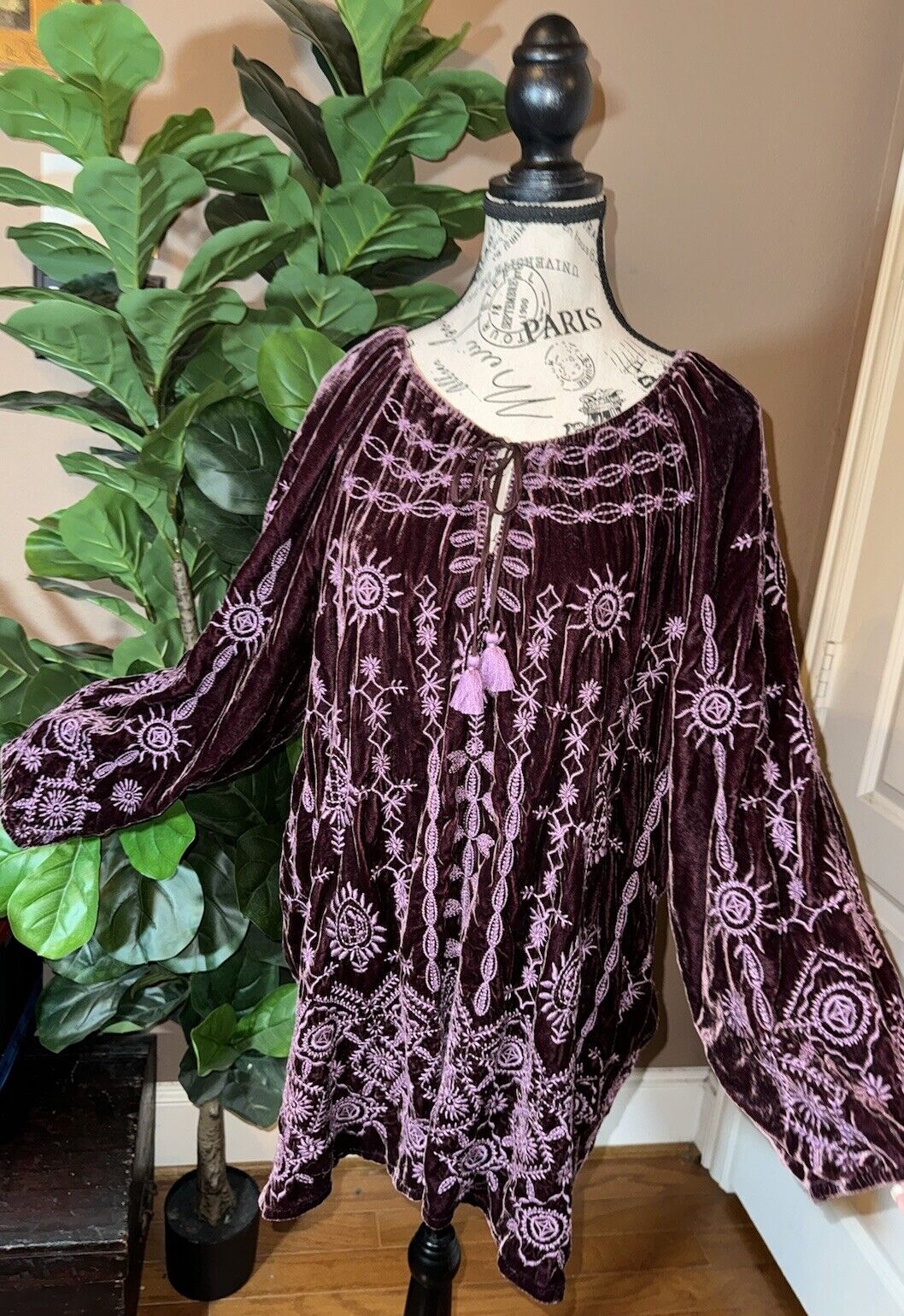 JOHNNY WAS XXL VELVET Eggplant Purple Embroidered Dress Peasant Top Tassels