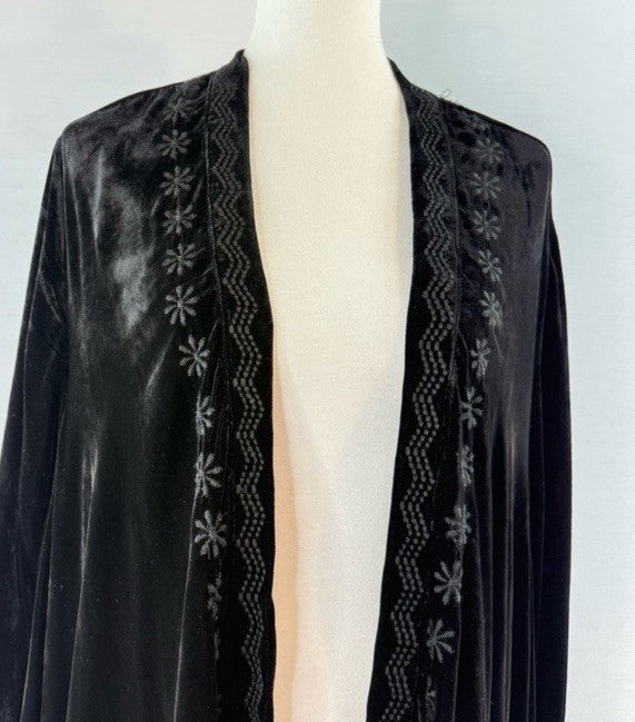 Johnny Was XL Black Velvet Kimono Wrap Cardigan Tonal Cross Embroidery Back Johnny Was