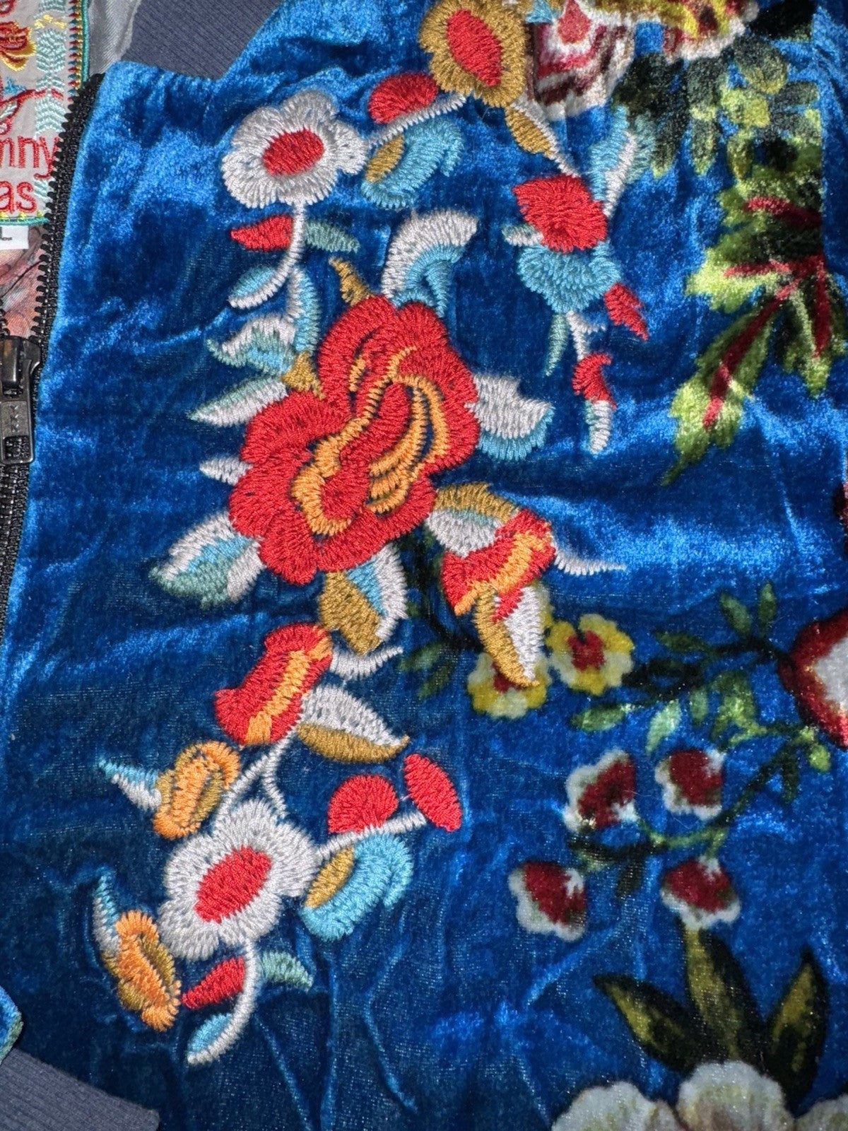 Johnny Was L Blue Velvet Bomber Jacket Flight Coat Floral Lightweight Warm Soft Johnny Was