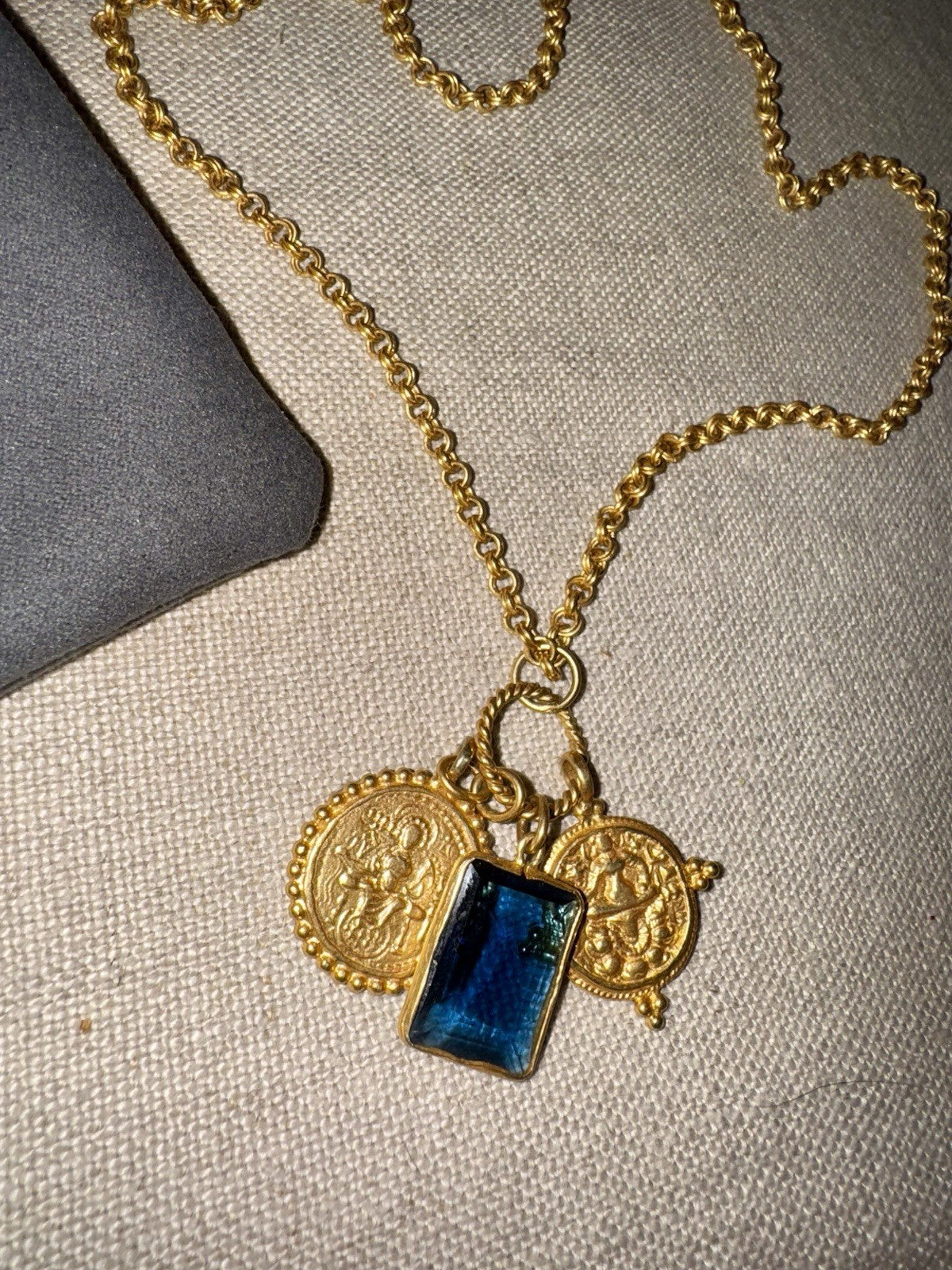 Julie Vos Necklace Sapphire Blue Glass & Gold Coin Pendant 24k Plated RETIRED Julie Vos