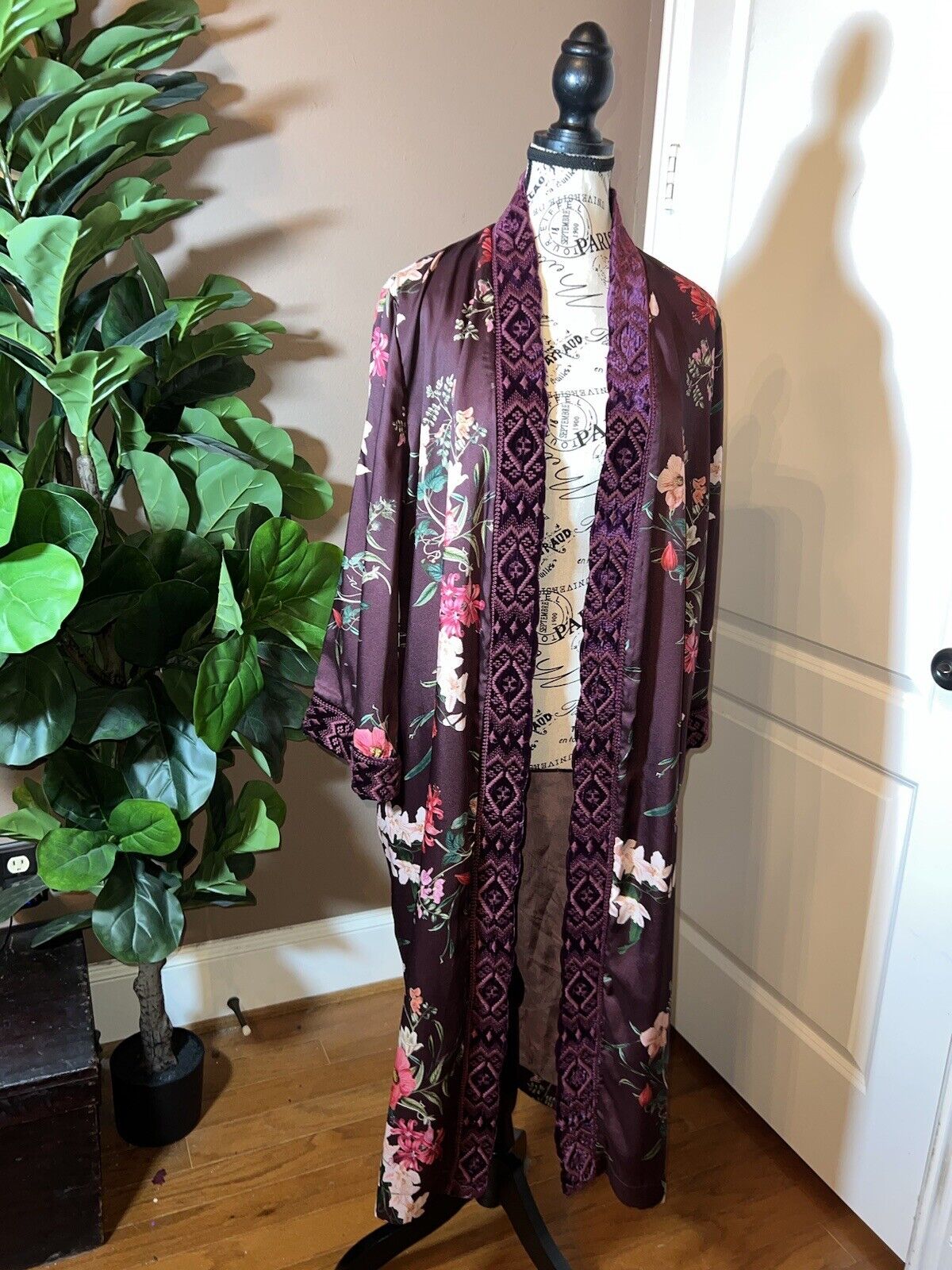 Johnny Was Silk Lined Long Kimono Duster Wrap XL 1X 1XL Velvet Trim Pockets