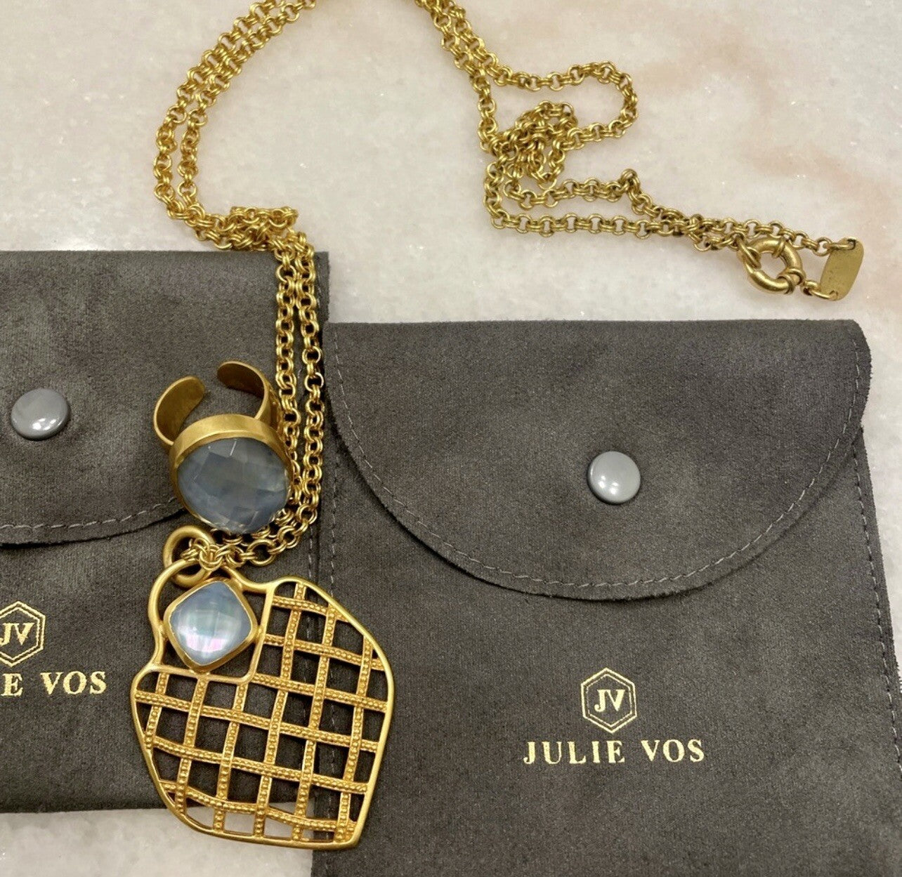 Julie Vos NECKLACE Basketweave 24k Gold Plated w/ Pendant Iridescent Blue Julie Vos