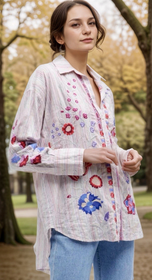Johnny Was 3x Plus White Pink Button Up Blouse Tunic Top Shirt Lightweight Cool Johnny Was