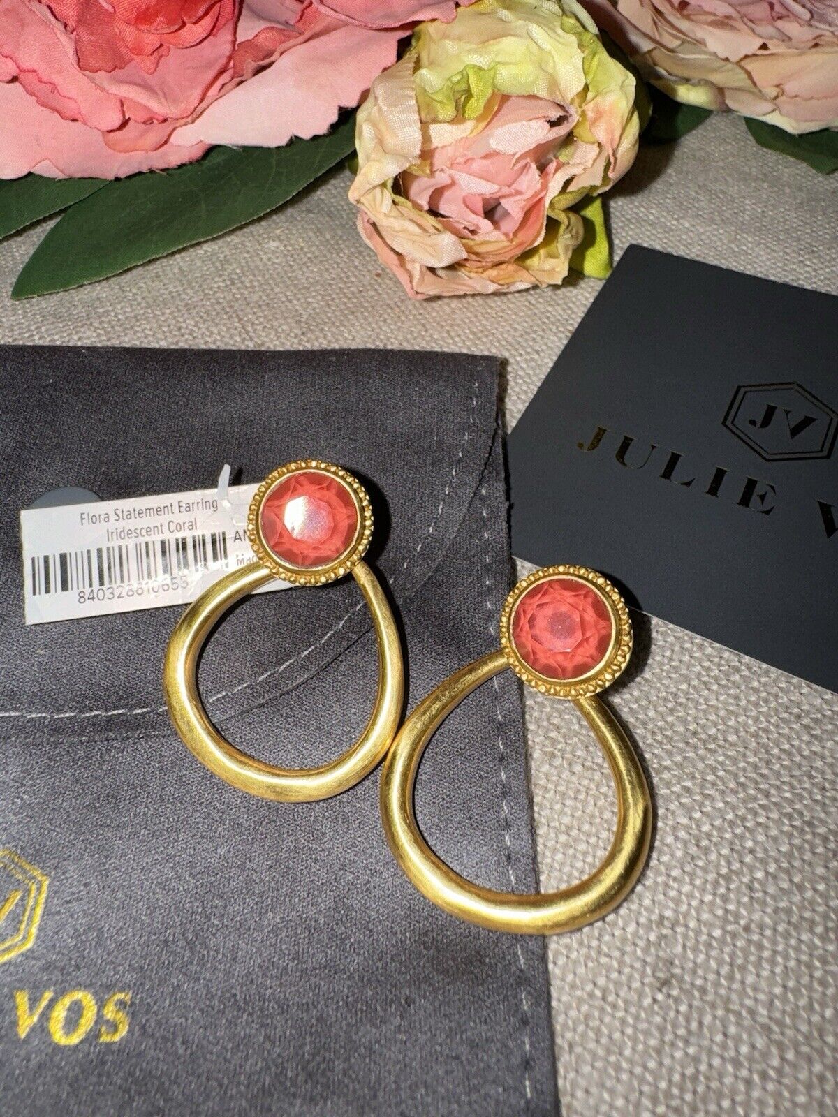 Julie Vos Iridescent Coral Hanging Hoops 24k Gold Plated Earrings