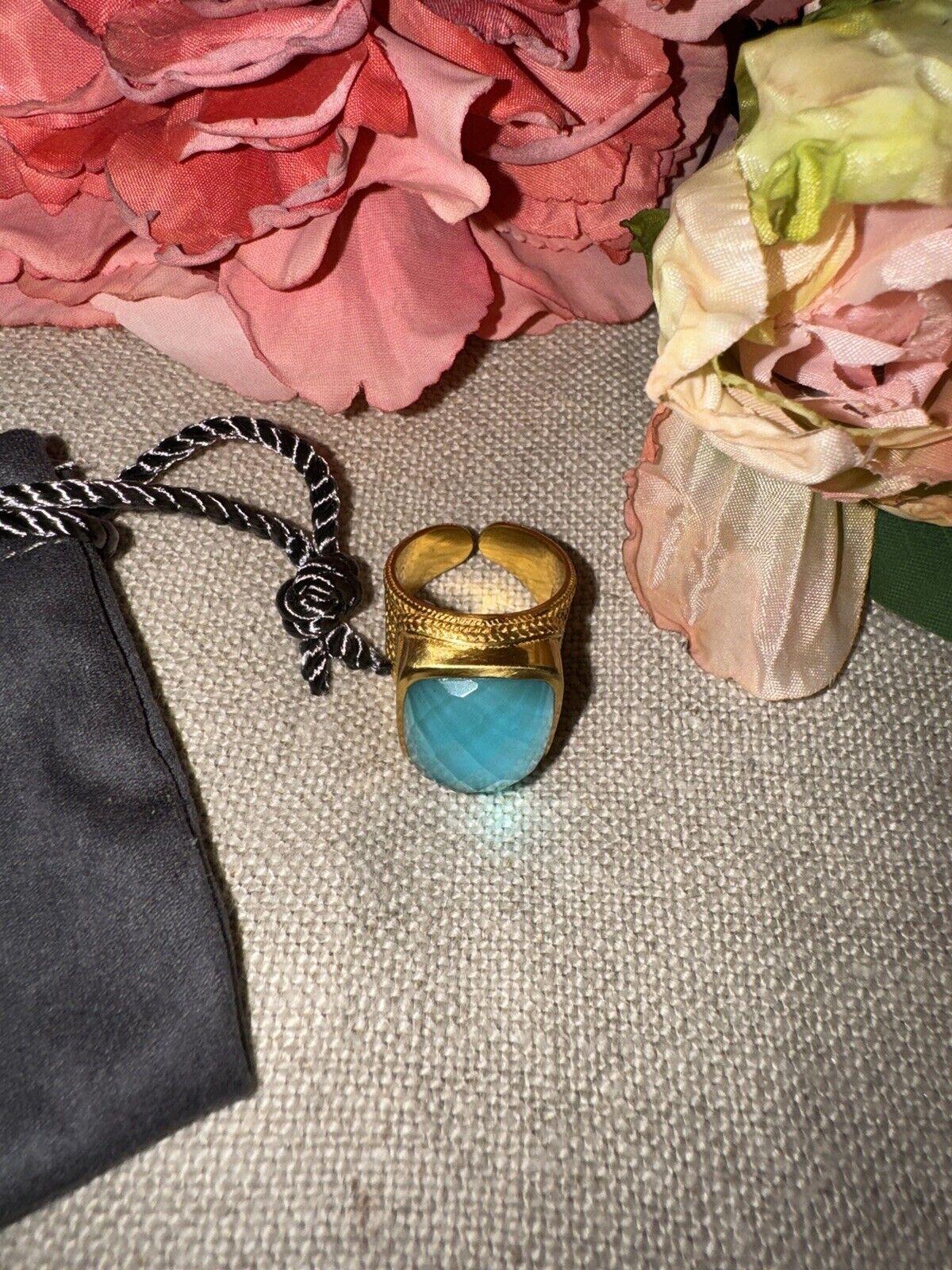 NEW Julie Vos Ring Iridescent Bahamian Blue & 24k Gold Plate Sz 7 ADJUSTABLE NWT