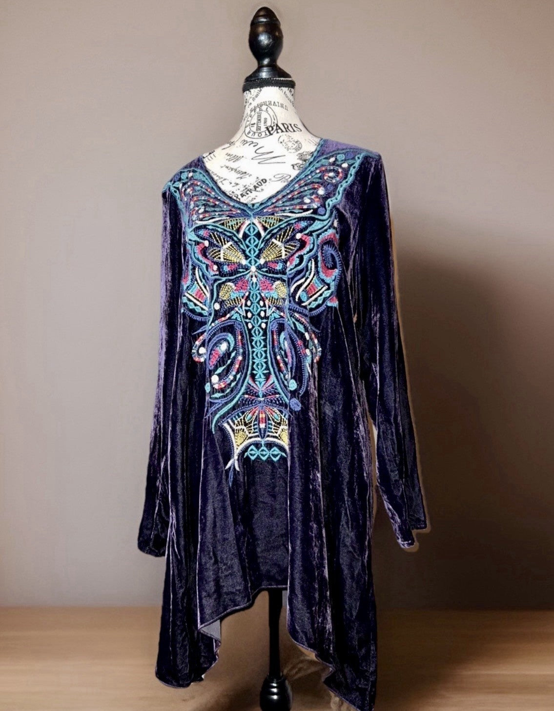 Johnny Was M Deep Purple Velvet Mini Shift Dress Butterfly Embroidered Tunic Top Johnny Was