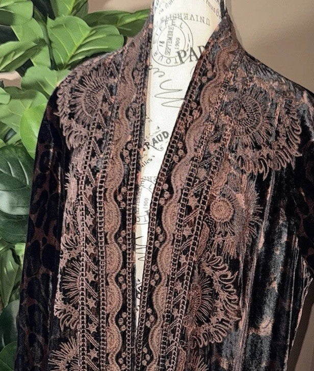 Johnny Was L Large Velvet Long Kimono Duster Wrap Leopard & Lace Jacket Johnny Was