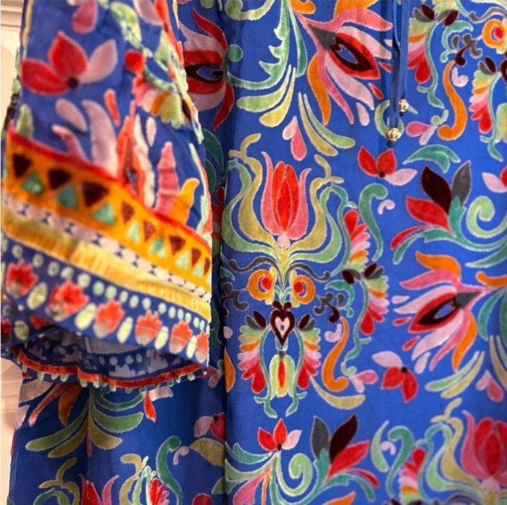 Johnny Was XXL Burnout Velvet Blue & Red Mini Shift Dress Silk Lining $388 Johnny Was