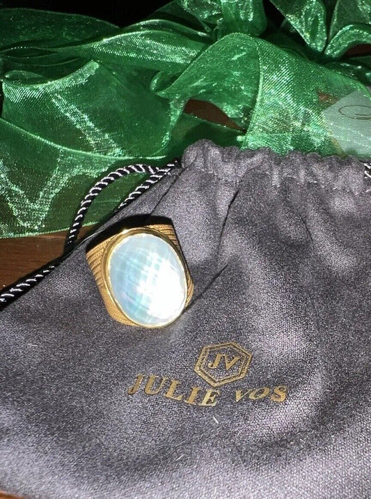 NEW Julie Vos Ring Iridescent Clear White & 24k Gold Plate Sz 8 ADJUSTABLE NWOT