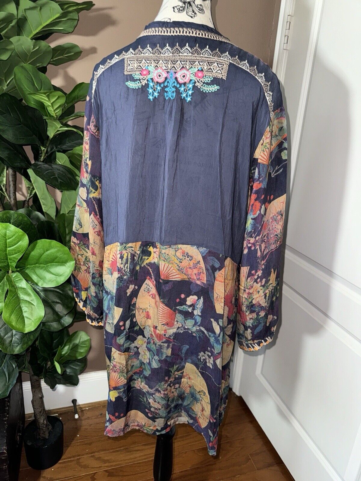 Johnny Was Silky Asian Fan Mini Dress Or Tunic Top Embroidered Sz XXL 2X 2XL