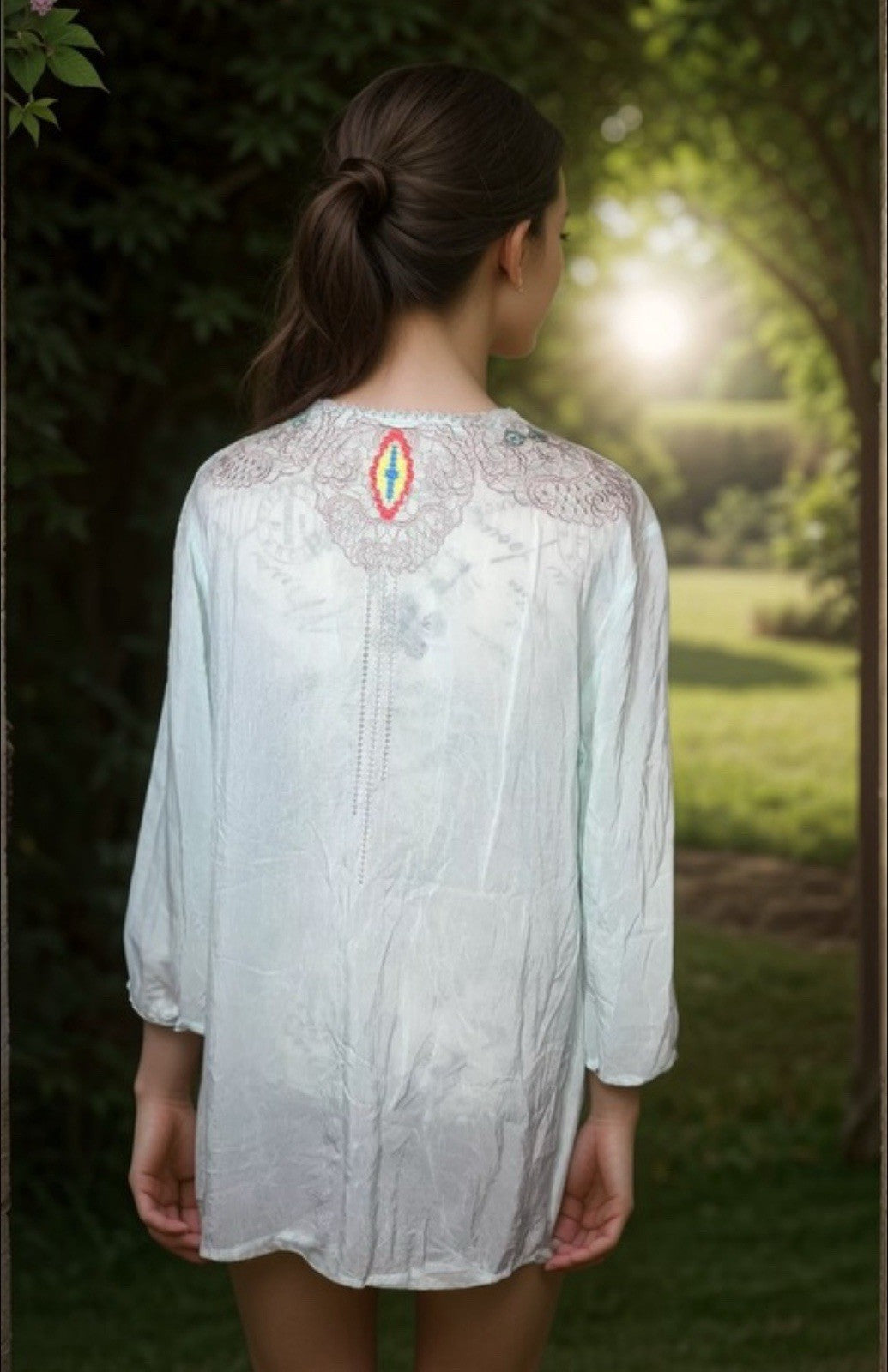 Johnny Was XL Baby Blue Tunic Top Cool Lightweight Silky Soft BOHO Embroidery Johnny Was