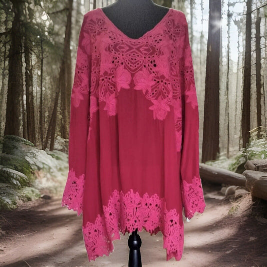 Johnny Was 2x Silky Red Tunic Top With Kimono Sleeves Eyelet Detail