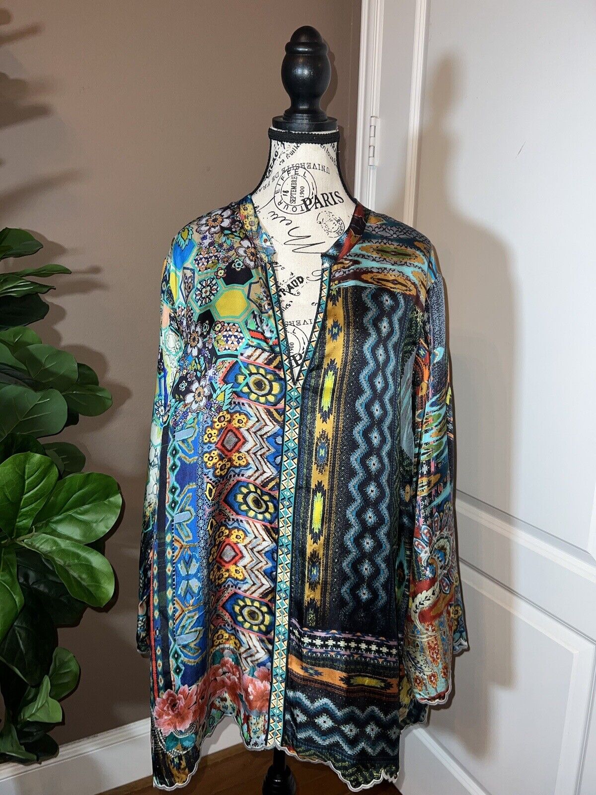 Johnny Was 100% Silk Tunic Top Scalloped Hem Jewel Tone 1XL 1X XL