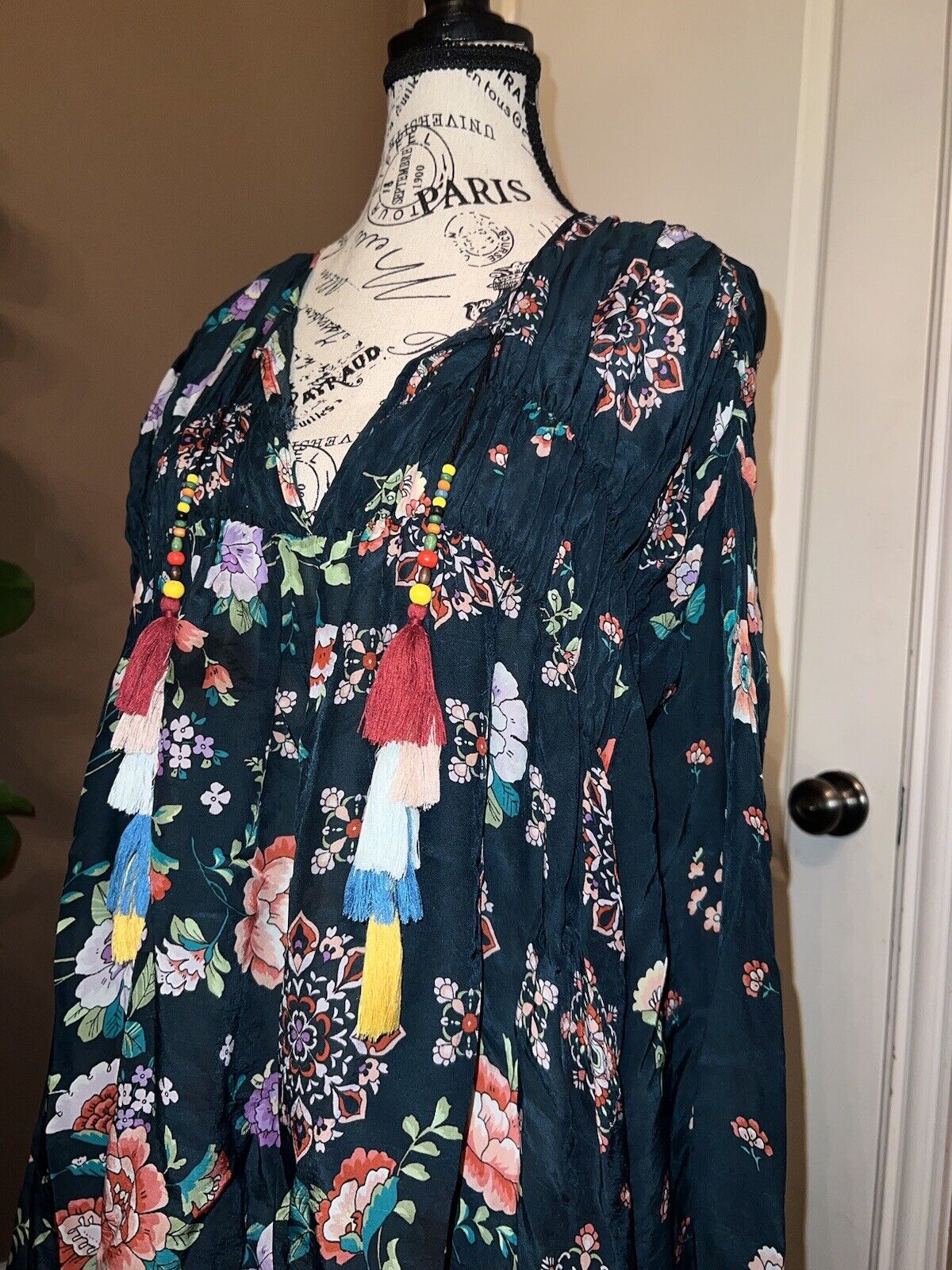 Johnny Was Silky Navy Floral Gathered Tunic Top With Tassels Sz XL 1X 1XL