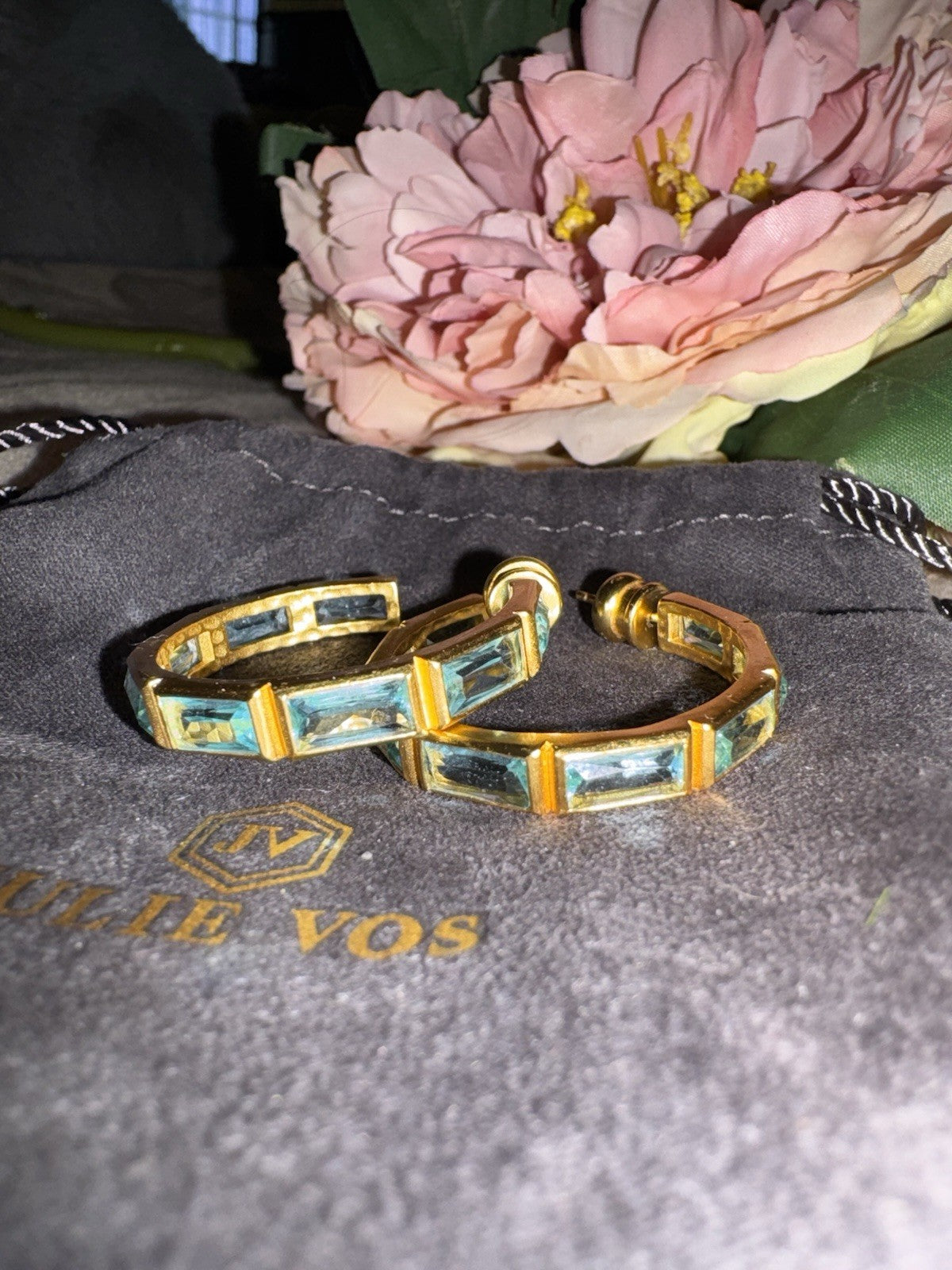 Julie Vos Baguette Clear Blue & 24k Gold Plated Hoop  Earrings 1.25” Julie Vos