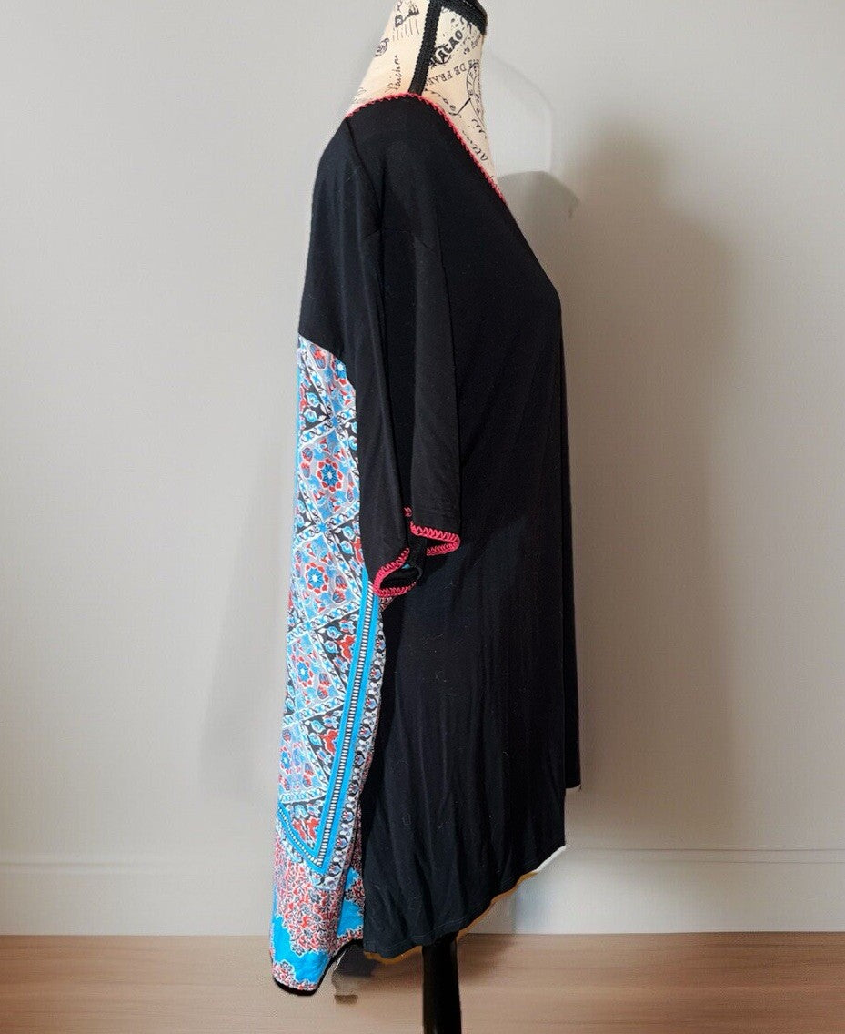 Johnny Was 3x Black Tee Shirt Blue & Red Silk Panel Back Tunic Top Tshirt BOHO Johnny Was