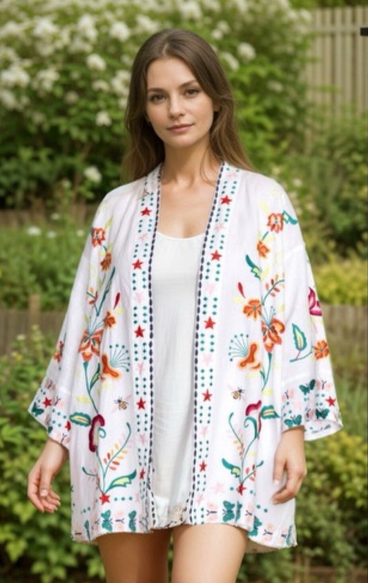 Johnny Was 2X White Linen Kimono Colorful Embroidery Top BOHO Wrap Jacket Johnny Was