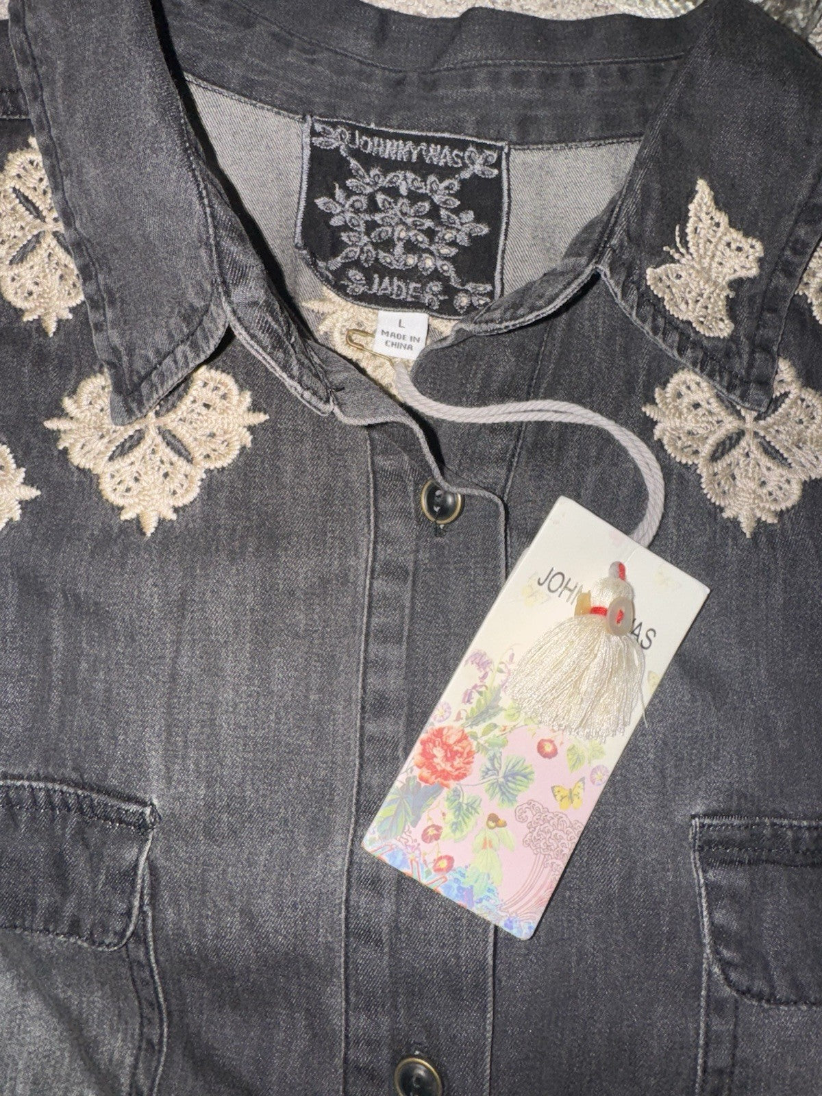 Johnny Was L Black Denim Button Up Shirt Jacket Coat Embroidered Light Wash Johnny Was