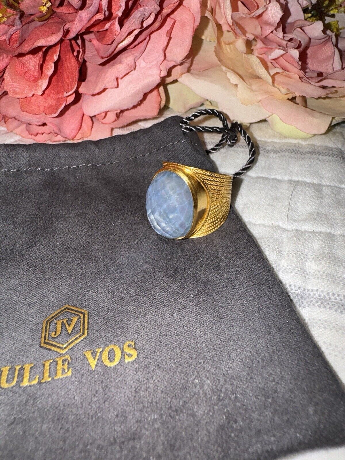 Julie Vos Ring Iridescent Soft Blue & 24k Gold Plate Sz 9 ADJUSTABLE