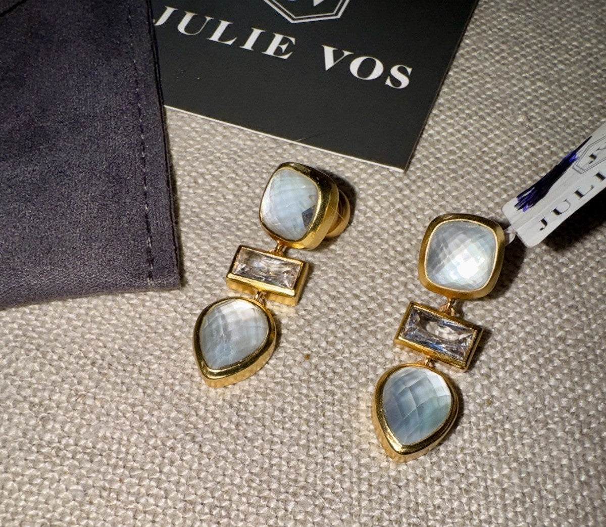 Julie Vos Iridescent Clear White Drop Earrings 24k Gold Plated   STUNNING Julie Vos