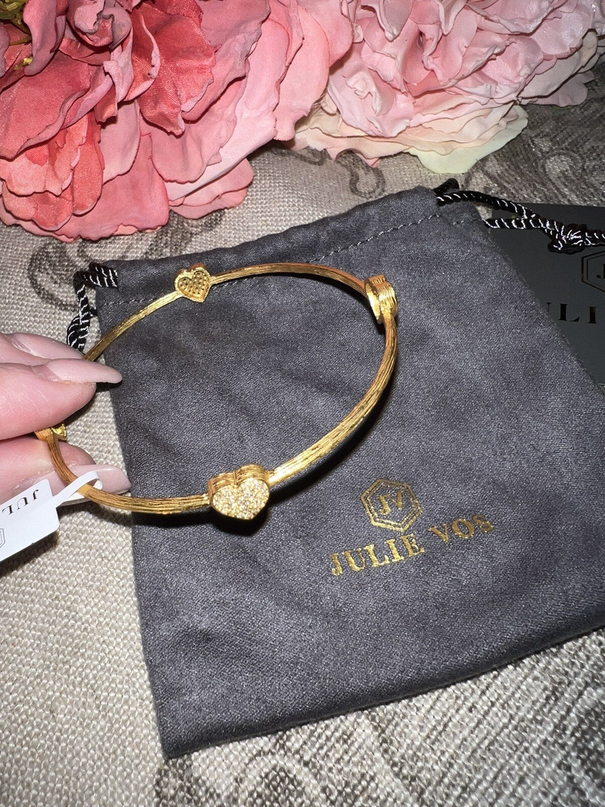 Julie Vos Clear CZ Four Station Pave Heart Bangle Bracelet 24k Plated Julie Vos