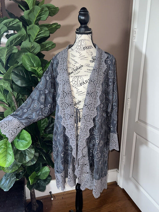 Johnny Was Sz XXL 2X Grey Kimono Duster Embroidered Wrap Eyelet Lace