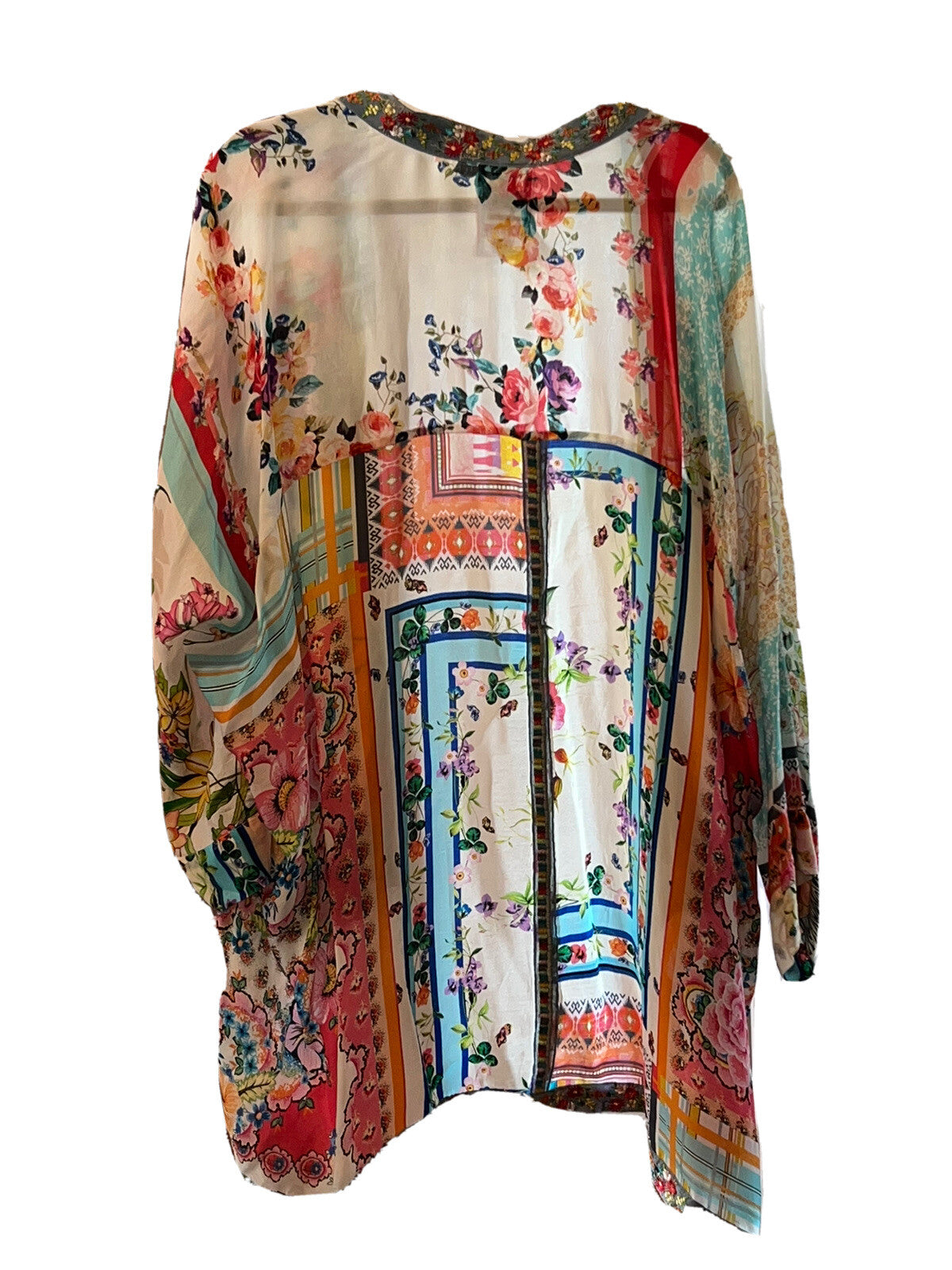 Johnny Was XL Silky Kimono Lightweight Cool Jacket Wrap Embroidered Pockets BOHO Johnny Was
