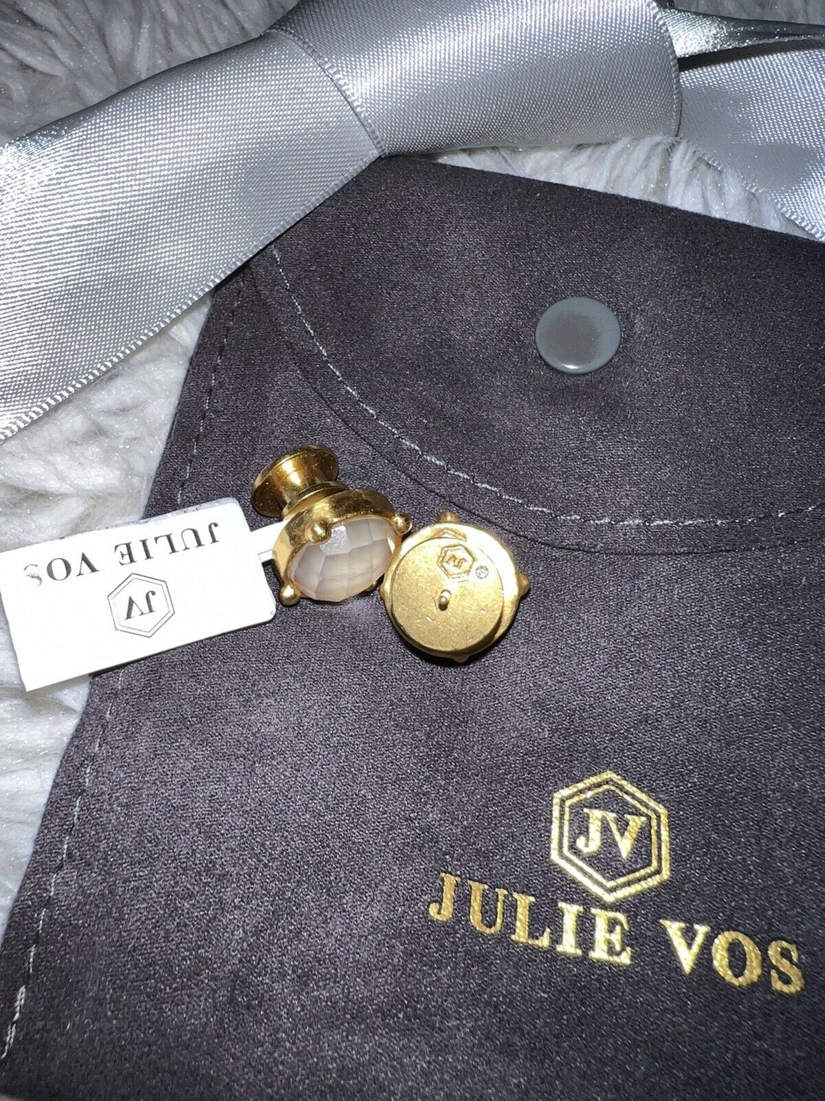 NEW Julie Vos Stud Earrings White/Clear Iridescent Stones & 24k Gold Plate NWT