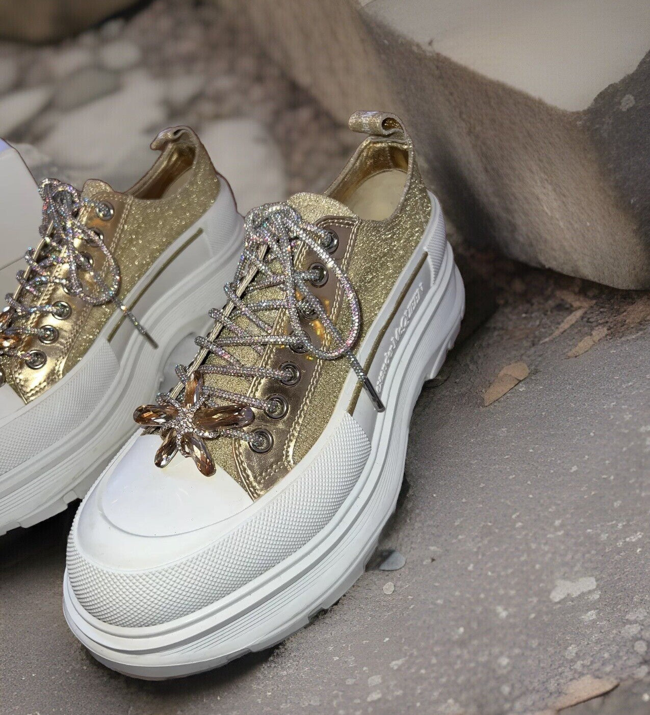 Alexander McQueen Tread Slick Gold Glitter Sneakers Retail $1180 Sz 42 US 10 Alexander McQueen