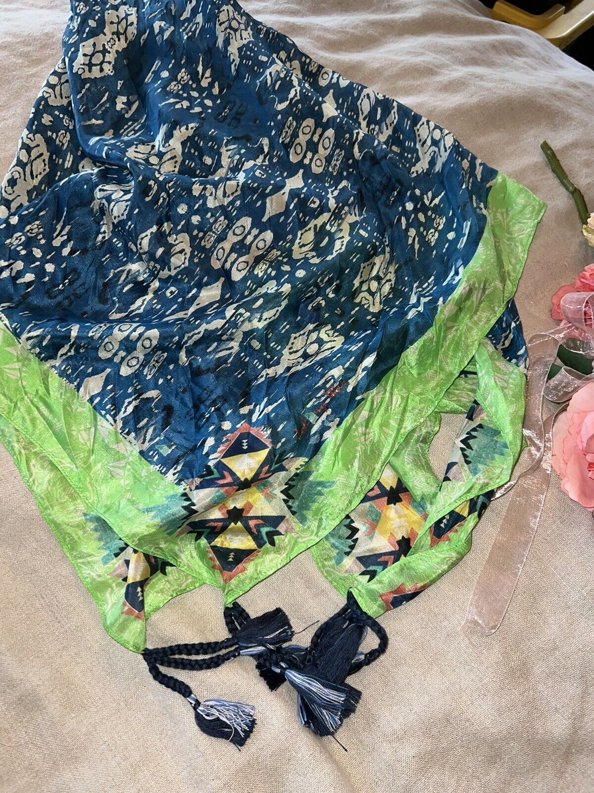 Johnny Was Silk Scarf w/ Tassels Green & Blue Beautiful Condition