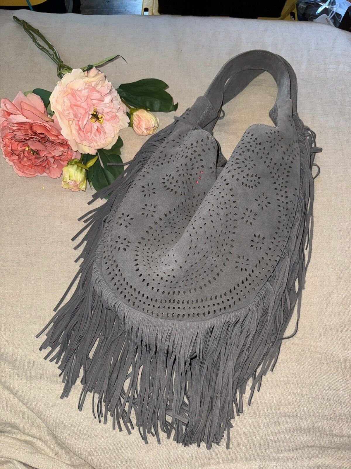 Johnny Was Grey Suede Leather Tote Bag Purse Crossbody Hobo Tassels  WOW