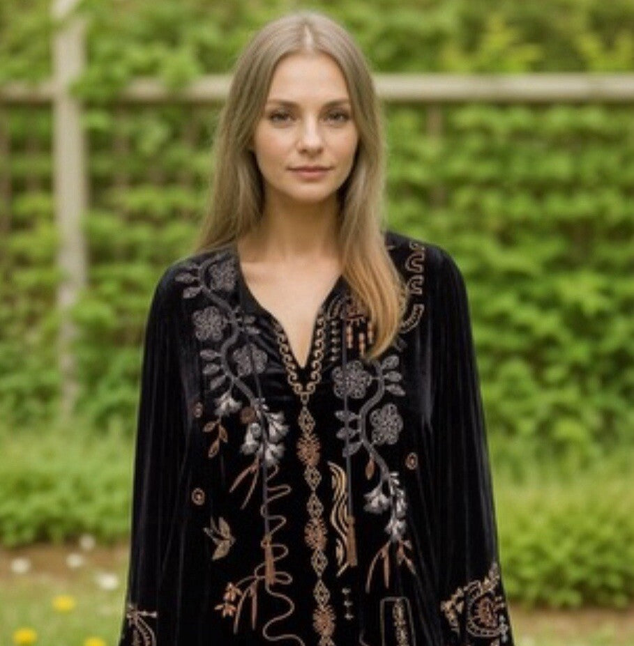 Johnny Was 1X 1XL Plus Black & Gold Velvet Kimono Shift Mini Dress Tunic Johnny Was