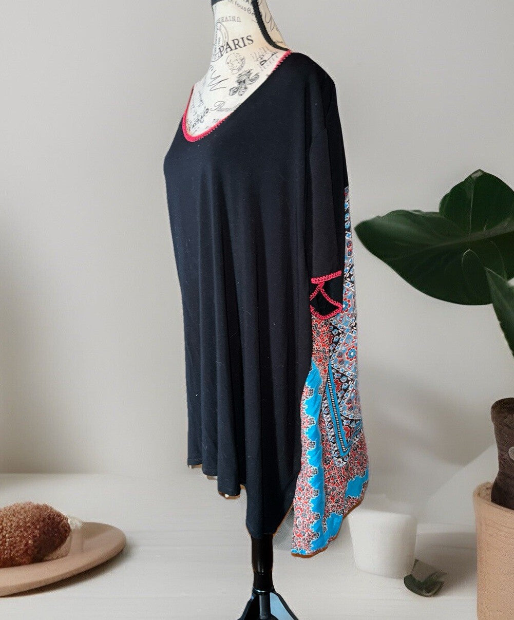 Johnny Was 3x Black Tee Shirt Blue & Red Silk Panel Back Tunic Top Tshirt BOHO Johnny Was