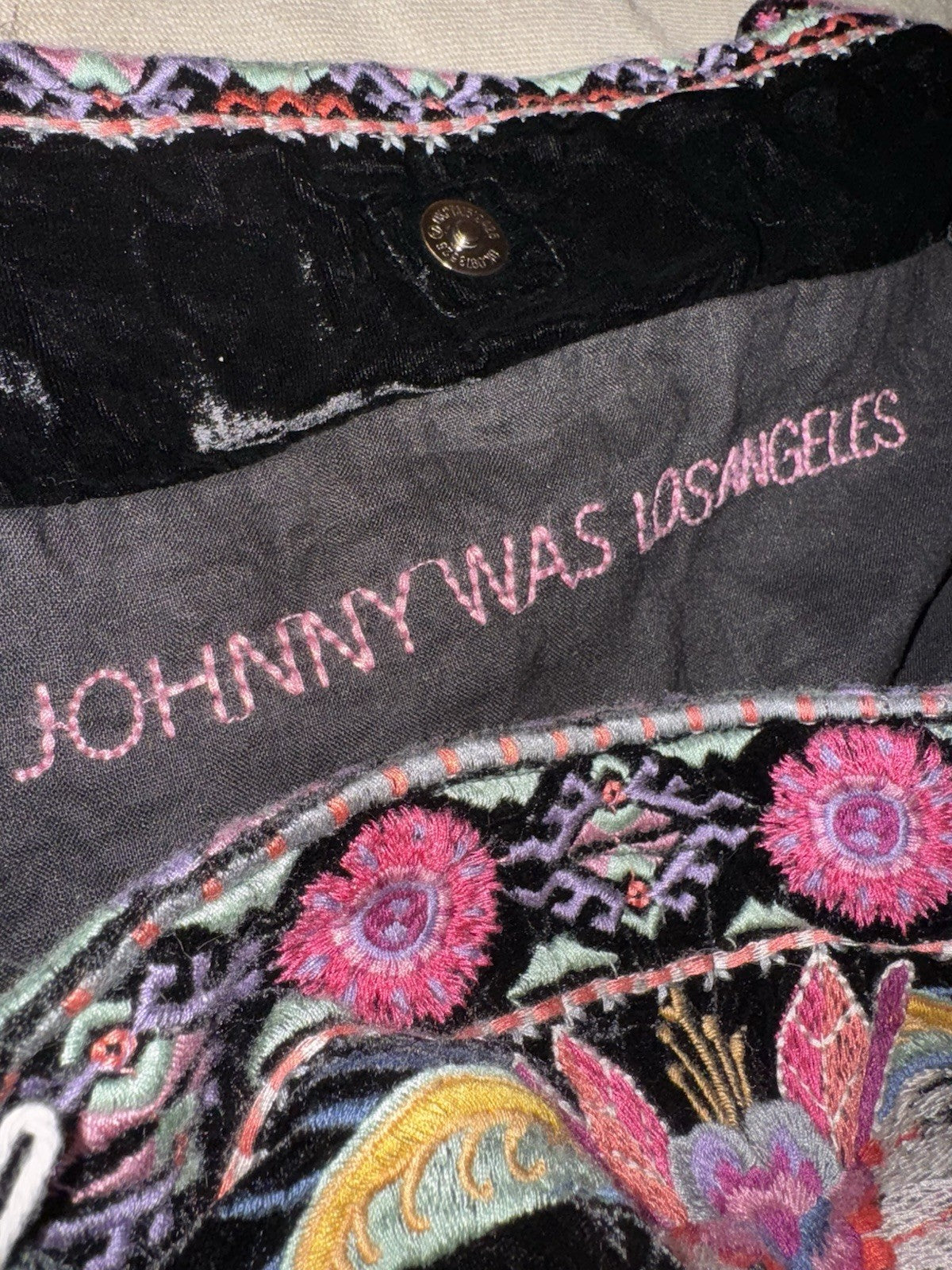 Johnny Was Large Black Velvet Hobo Bag Tote Purse Embroidered Crossbody Johnny Was