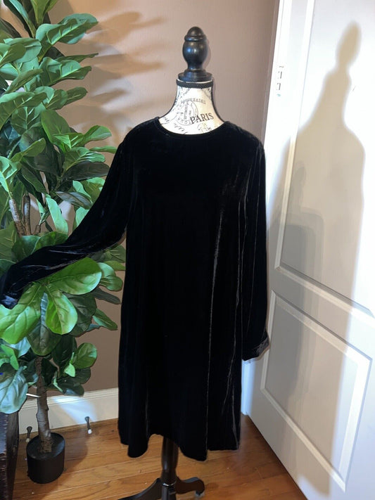 Eileen Fisher Black Velvet MIDI Dress Beautifully Soft Sz M  MSRP $398