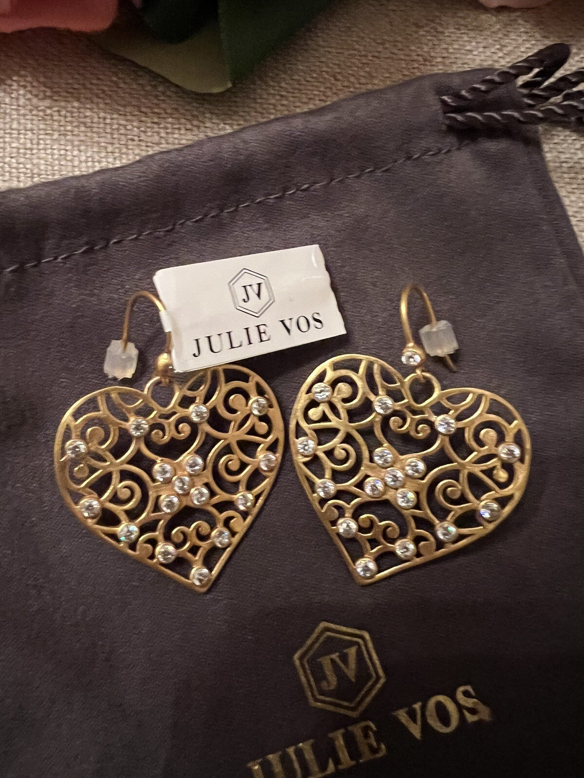 Julie Vos Heart Earrings CZ Embellished 24k Gold Plated Luxe statement Julie Vos