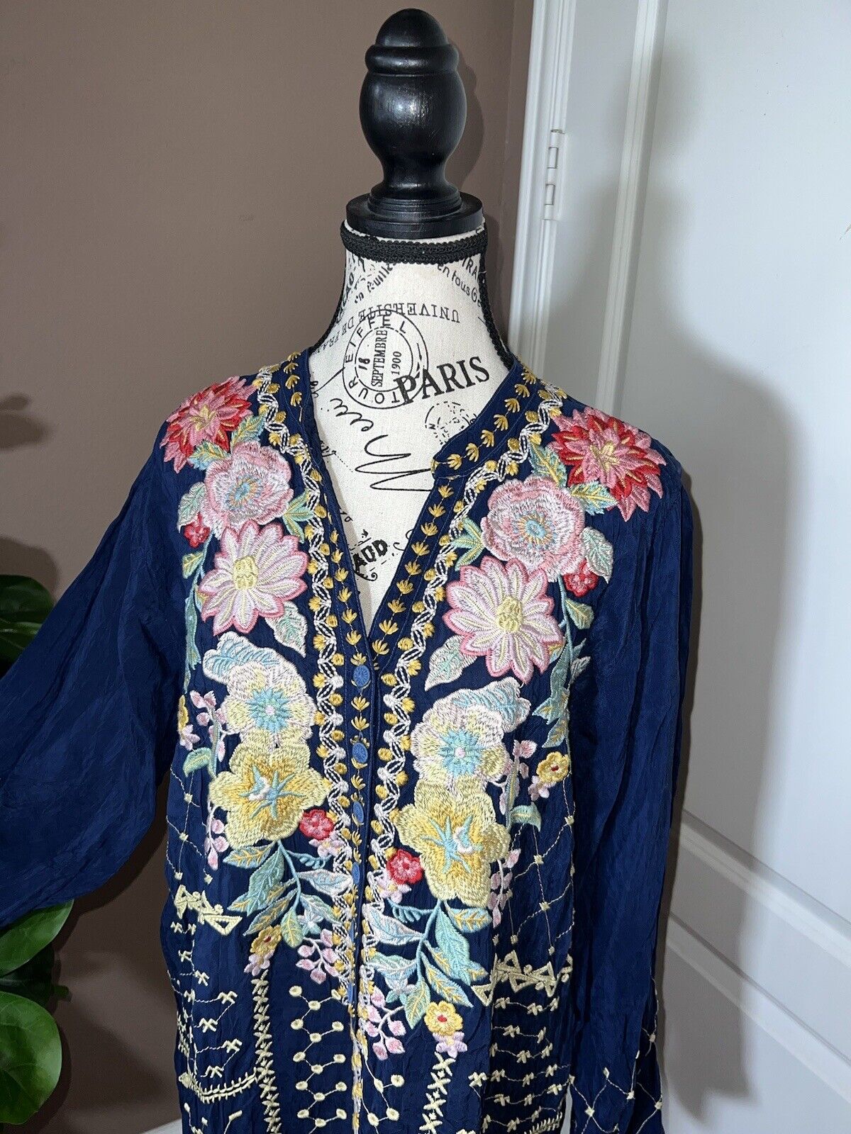 Johnny Was Silky Floral Heavily Embroidered Tunic Top Mini Dress L  Kimono