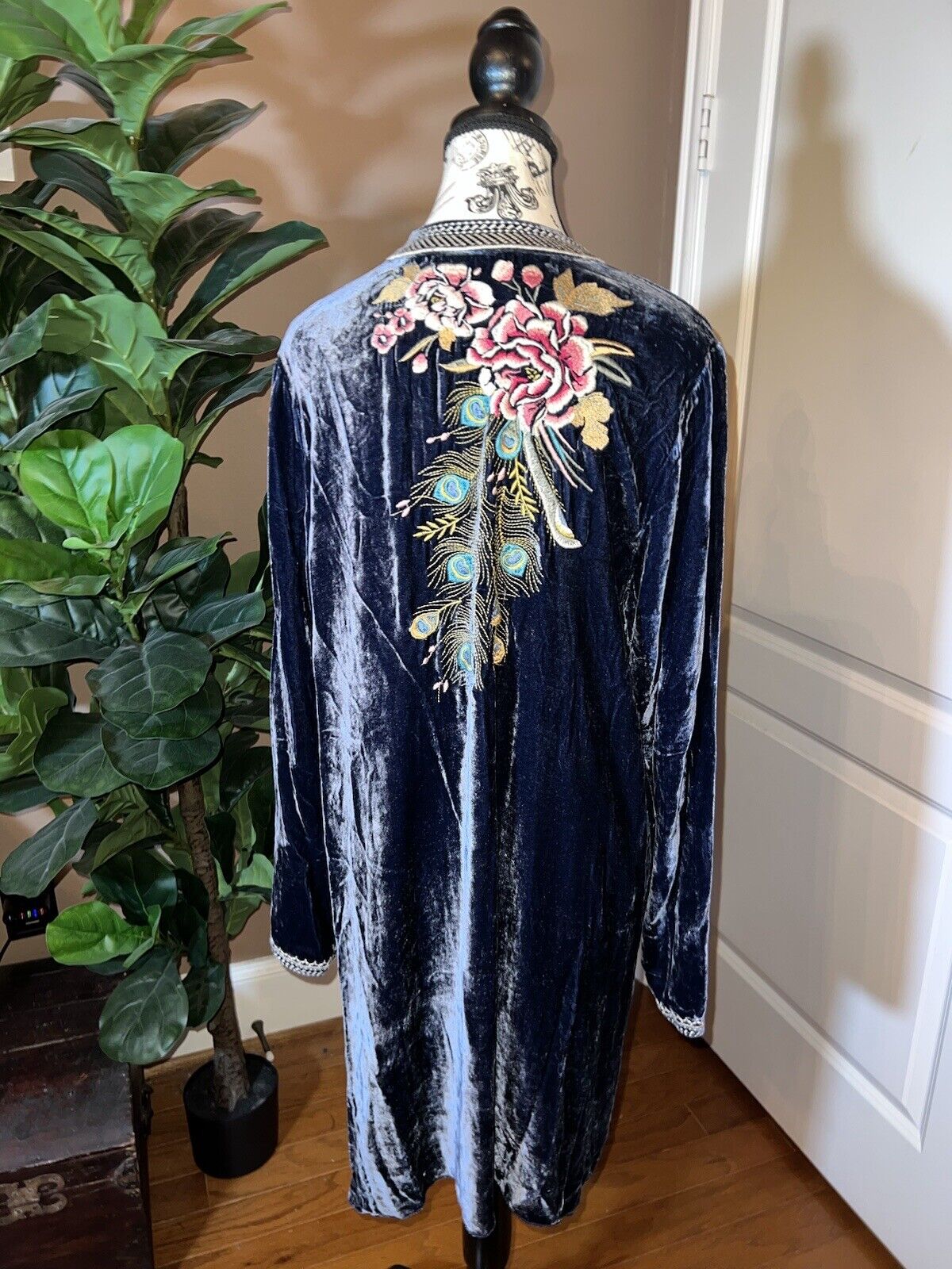 Johnny Was L Large Blue Velvet Kimono Mini Dress Peacock Feather Embroidery