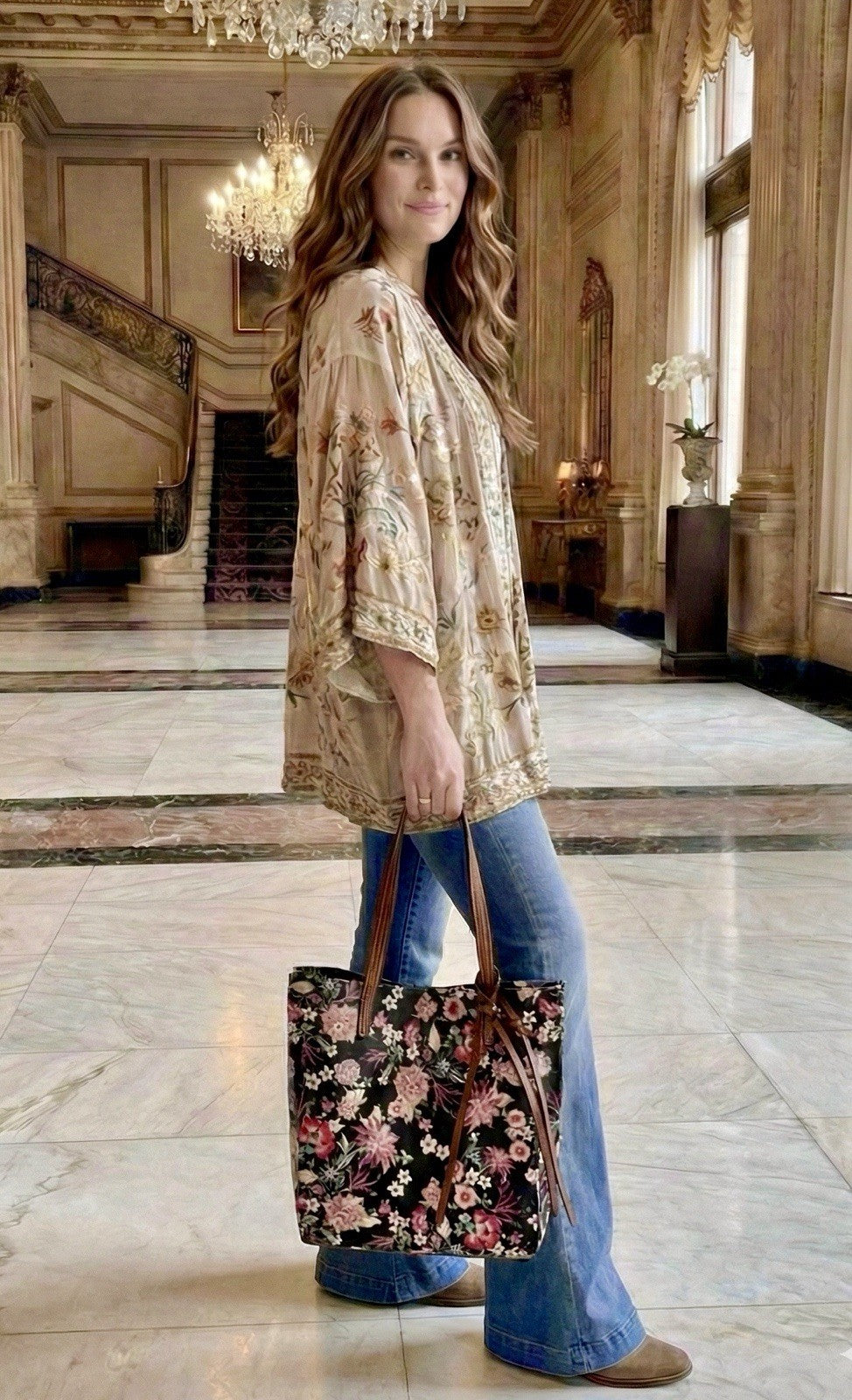 Johnny Was Black & Pink Coated Canvas Dreamer Bag Purse Tote Leather $428 Johnny Was