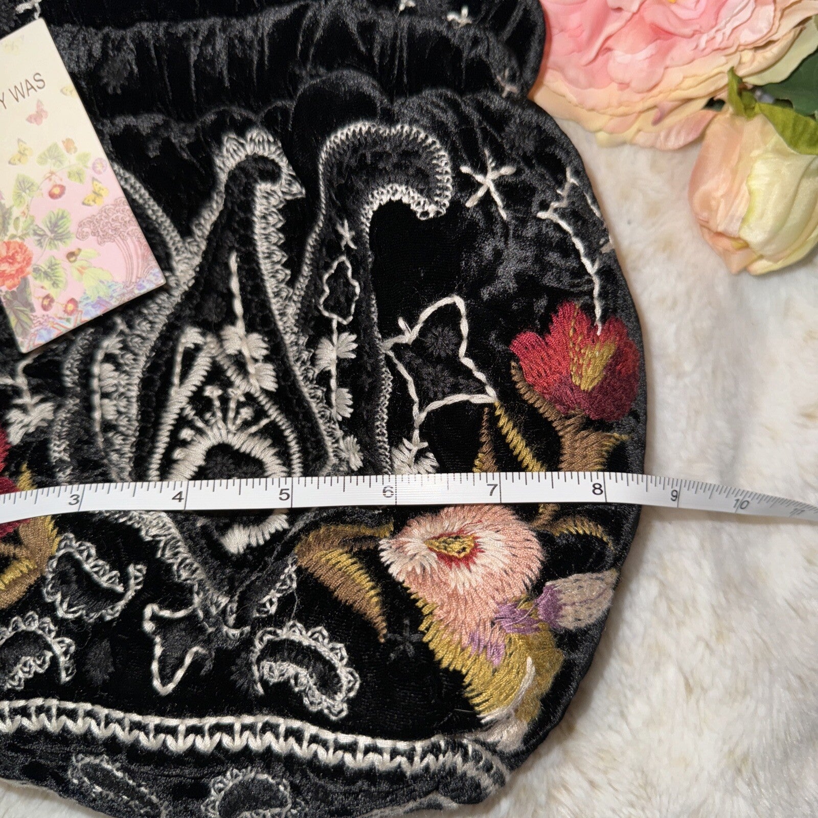 Johnny Was Black Velvet Embroidered Hobo Bag Tote Purse Pink Roses & Paisley Johnny Was