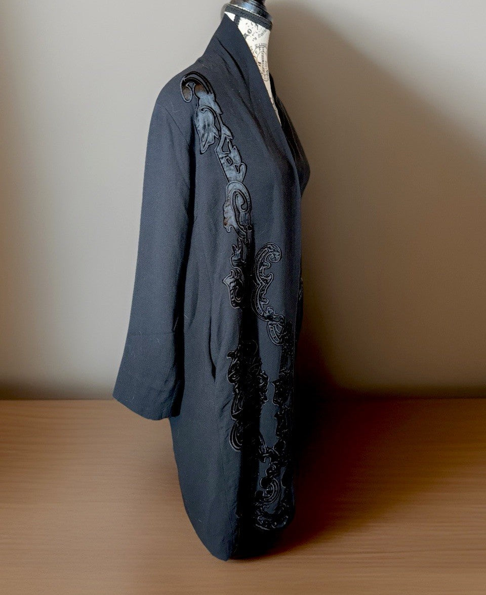 Johnny Was M Black Wool Blend Dressy Coat Silk Lining Jacket Satin Accents Johnny Was