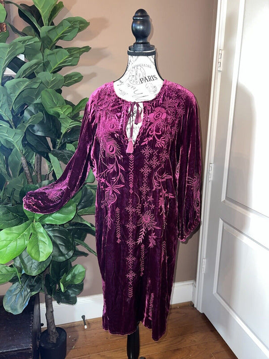 Johnny Was Wine Velvet Heavily Embroidered Tunic Top Mini Dress L Large